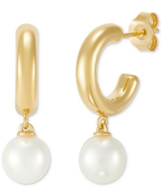 Honora - Cultured Freshwater Pearl (7-1/2mm) Dangle Huggie Hoop Earrings in 14k Gold