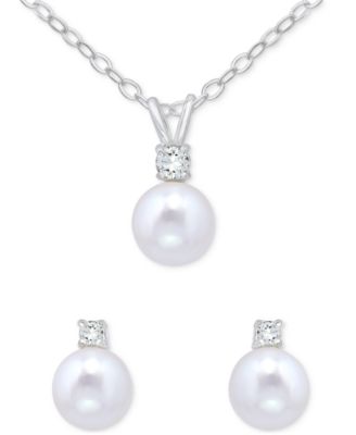 Macy's - 2-Piece Set Dyed Black Pearl (6mm) & White Topaz Accent Pendant Necklace & Matching Stud Earrings in Sterling Silver (Also in White & Dyed Pink Cultured Freshwater Pearl)