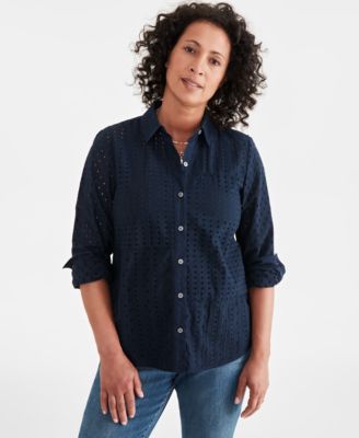 Style & Co - Petite Cotton Eyelet Button-Front Shirt