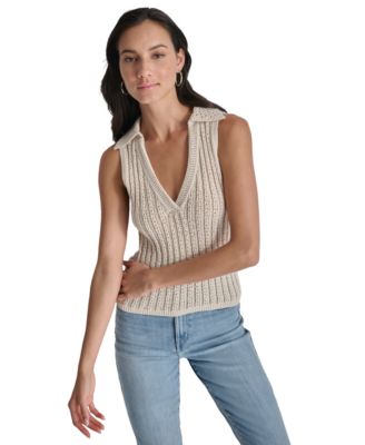 DKNY Jeans - Women's Lacey Stitch Collared Sleeveless Sweater