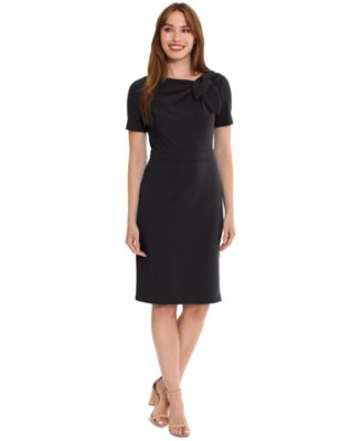 London Times - Petite Solid Bow-Neck Short-Sleeve Sheath Dress