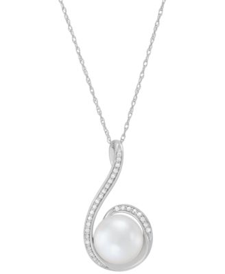 Honora - Cultured Freshwater Pearl (9mm) & Diamond (1/10 ct. t.w.) Swirl 18" Pendant Necklace in 14k White Gold