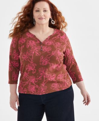 Style & Co - Plus Size Printed Cotton Henley Top