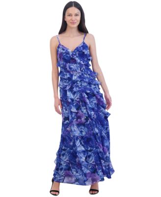 Eliza J - Women's Ruffled Floral-Print Sleeveless Chiffon Gown