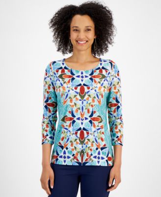 JM Collection - Petite Glamorous Glass Jacquard Printed 3/4-Sleeve Top