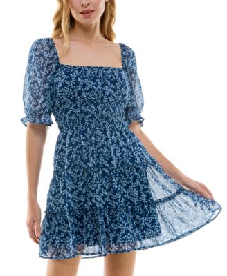 Trixxi - Juniors' Tiered Smocked-Waist Square-Neck Dress