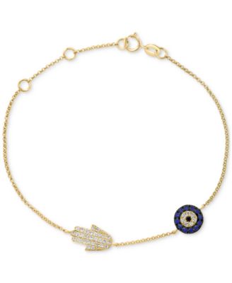 EFFY Collection - Sapphire (1/8 ct. t.w.) & Black and White Diamond (1/5 ct. t.w.) Hamsa Hand & Evil Eye Link Bracelet in 14k Gold