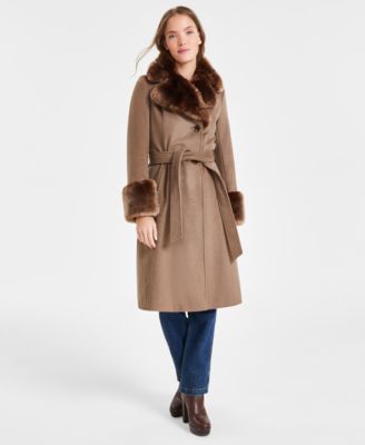 Via Spiga - Women's Faux-Fur-Trim Belted Wrap Coat