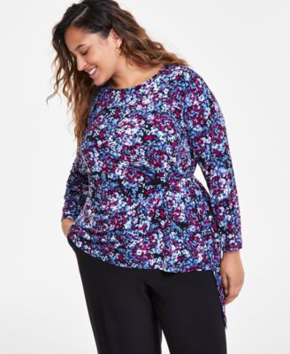Kasper - Plus Size Printed Long Sleeve Twist-Side Top