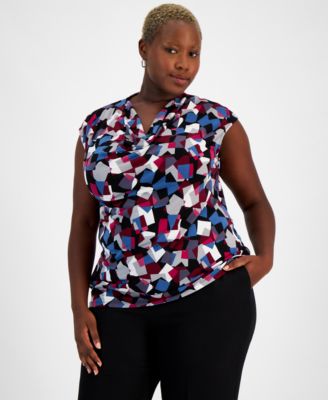 Kasper - Plus Size Printed Sleeveless Cowlneck Top