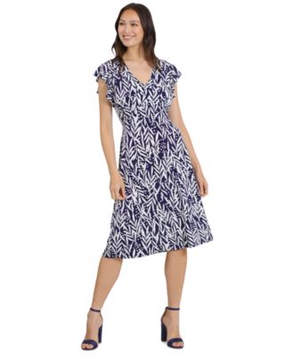 London Times - Petite Printed Flutter-Sleeve Dress