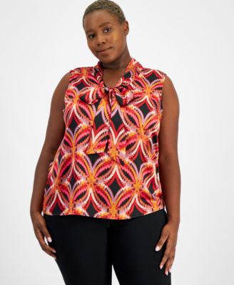 Tahari ASL - Plus Size Printed Bow-Neck Sleeveless Blouse