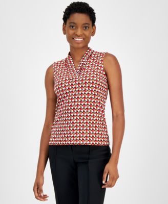 Anne Klein - Women's Pleated-Neck Dot-Print Sleeveless Top