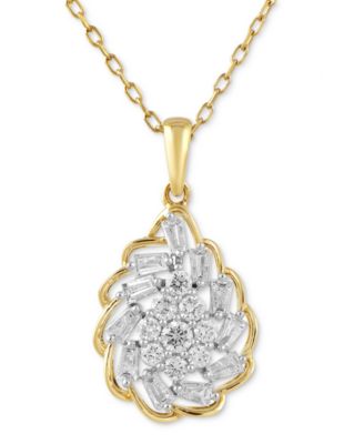 Macy's - Diamond Round & Baguette Swirl Cluster Pendant Necklace in 10k Gold, 16" + 2" extender