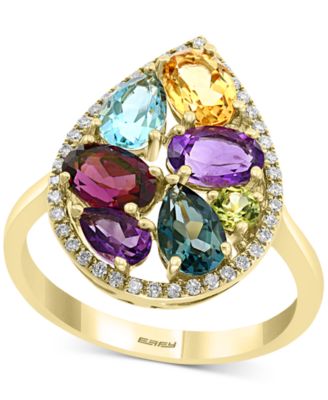 EFFY Collection - Multi-Gemstone (3-1/4 ct. t.w.) & Diamond (1/6 ct. t.w.) Pear Halo Statement Ring in 14k Gold