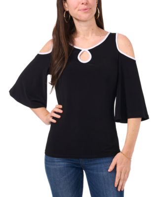 Sam & Jess - Petite Keyhole Cold-Shoulder Trimmed Top