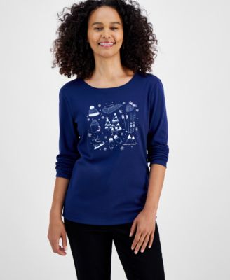 Holiday Lane - Women's  Snowy Day Long-Sleeve Top, Created for Macy's
