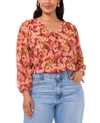 Vince Camuto - Plus Size Floral-Print Shirred-Shoulder Button-Front V-Neck Blouse