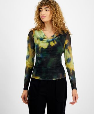 Bar III - Women's Printed Mesh Cowlneck Long-Sleeve Top