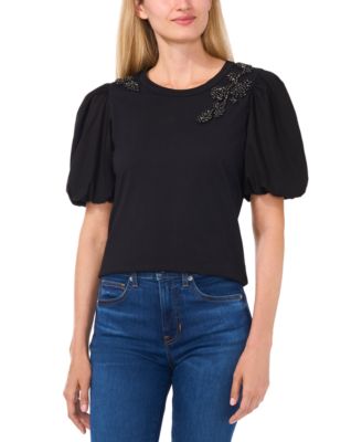 CeCe - Women's Puff-Sleeve Bead-Embellished Top