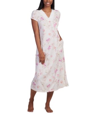Miss Elaine - Women's Floral Cap-Sleeve Lace-Trim Nightgown