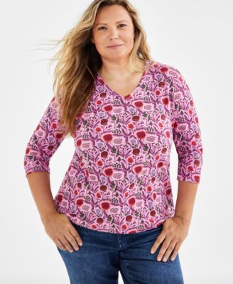 Style & Co - Plus Size Printed 3/4-Sleeve V-Neck Top