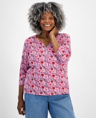 Style & Co - Plus Size Printed Henley 3/4-Sleeve Top