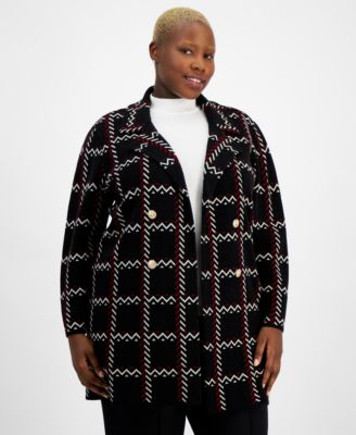 Kasper - Plus Size Printed Open-Front Notched-Collar Cardigan Sweater