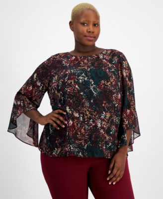 Kasper - Plus Size Printed Crewneck Ruffle-Sleeve Blouse