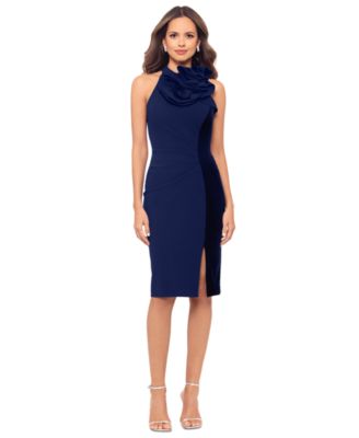 Betsy & Adam - Women's Ruffled Halter Velvet-Trim Sleeveless Sheath Dress