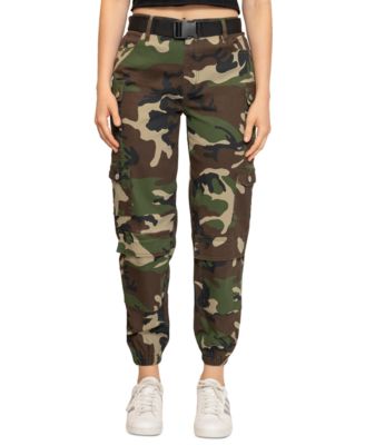 Madden Girl - Juniors' Camo Belted Elastic-Hem Cargo Pants