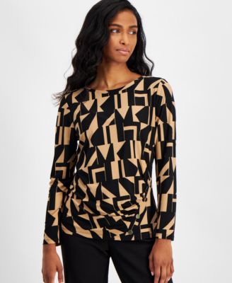 AK Anne Klein - Petite Geometric-Print Long-Sleeve Top