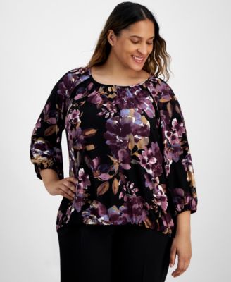 AK Anne Klein - Plus Size 3/4-Sleeve Peasant Shirt
