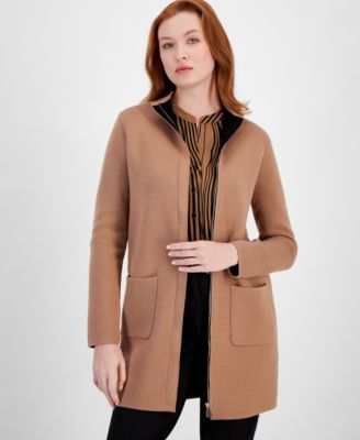 T Tahari - Women's Funnel-Neck Thigh-Length Zip Coat