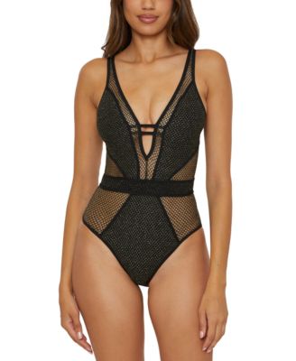 Becca - Women's Network Metallic Mesh Plunge-Neck One-Piece Swimsuit
