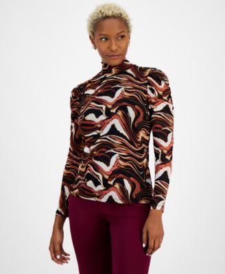 Bar III - Women's Printed Mock-Neck Long-Sleeve Mesh Top