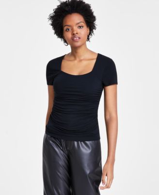 Bar III - Women's Square-Neck Ruched Short-Sleeve Top