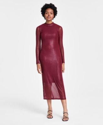 Bar III - Women's Foil Mesh Mock Neck Bodycon Midi Dress