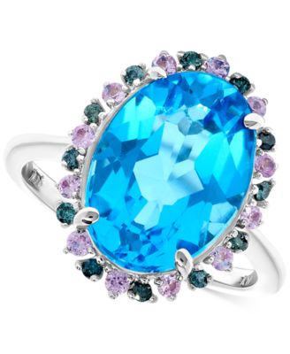 Macy's - Blue Topaz (8-1/2 ct. t.w.), Pink Sapphire (1/3 ct. t.w.) & Blue Diamond (1/8 ct. t.w.) Oval Halo Ring in 14k White Gold