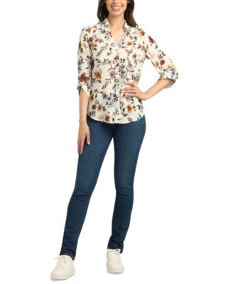 BCX - Juniors' Floral-Print Roll-Tab-Sleeve Blouse