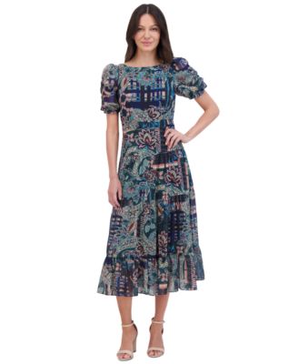 Vince Camuto - Plus Size Mixed-Print Puffed-Sleeve Maxi Dress