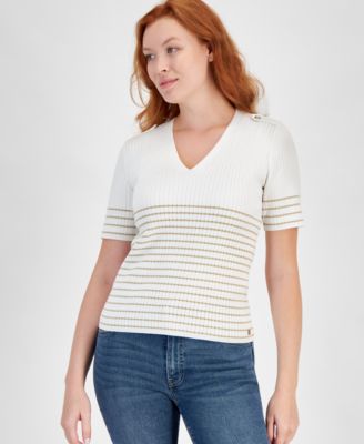 Nautica Jeans - Women's Metallic-Stripe Short-Sleeve Sweater