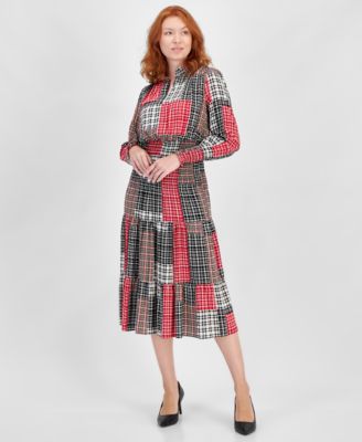 Nautica Jeans - Women's Plaid Smocked Long-Sleeve Midi Dress
