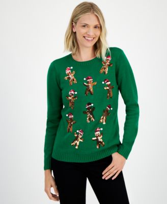 Holiday Lane - Women's Sequined Gingerbread Crewneck Sweater