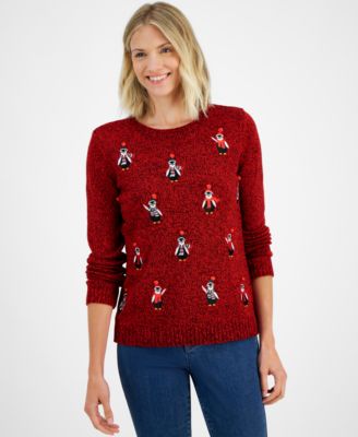 Holiday Lane - Women's Fuzzy Penguins Crewneck Sweater