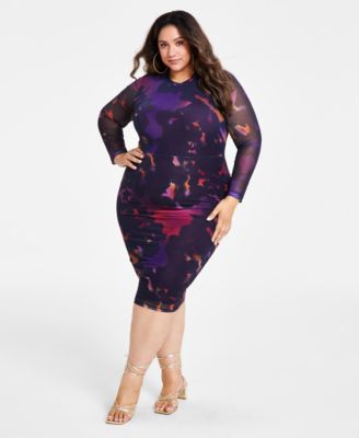 Nina Parker - Trendy Plus Size Scoop-Neck Long-Sleeve Mesh Dress