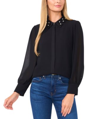 CeCe - Women's Floral-Appliqu&eacute; Collared Long-Sleeve Blouse