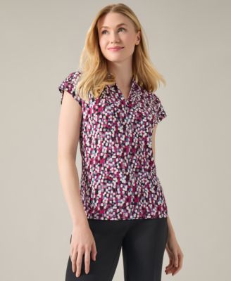 Kasper - Women's Pleated V-Neck Cap-Sleeve Blouse