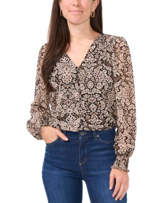 Sam & Jess - Petite Floral-Print V-Neck Smocked-Cuff Blouse
