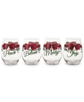 Winterberry - Red Ribbon Stemless Wine Glasses, Set of 4